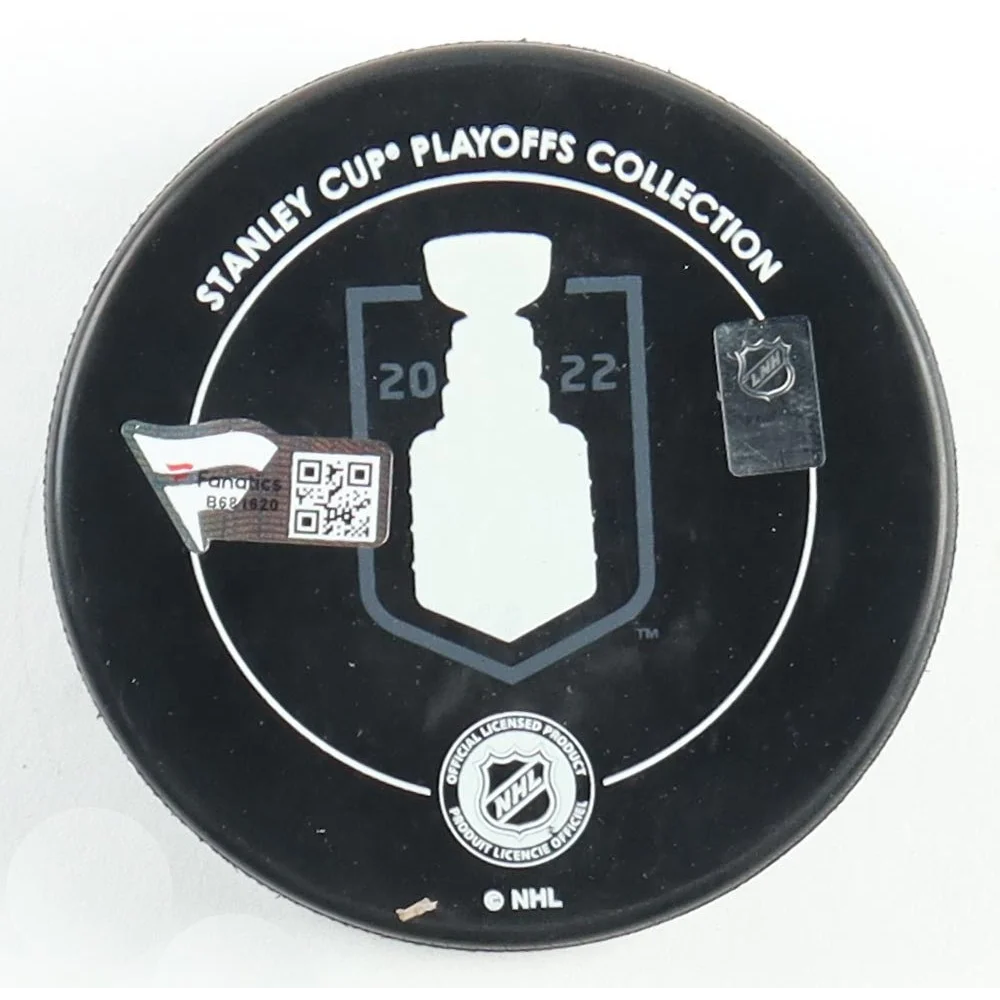 Black hockey puck with Stanley Cup logo and 2022, Gabriel Landeskog signed Avalanche Stanley Cup