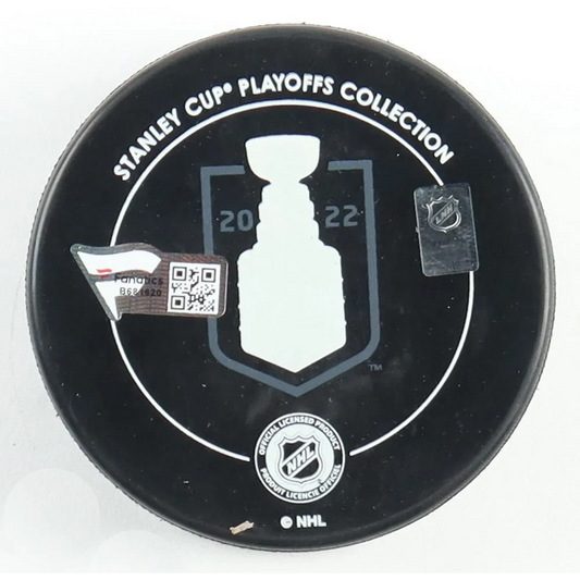 Black hockey puck with Stanley Cup logo and 2022, Gabriel Landeskog signed Avalanche Stanley Cup