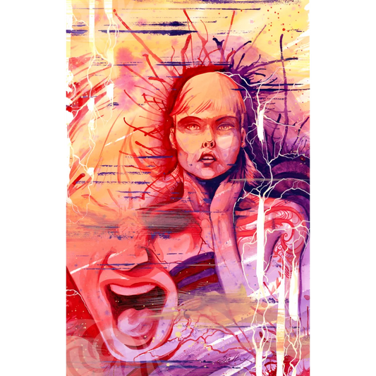 Vibrant expressionistic painting of a woman’s face with chaotic colorful strokes and a screaming mouth in Gabriel’s World Changing Trigger art