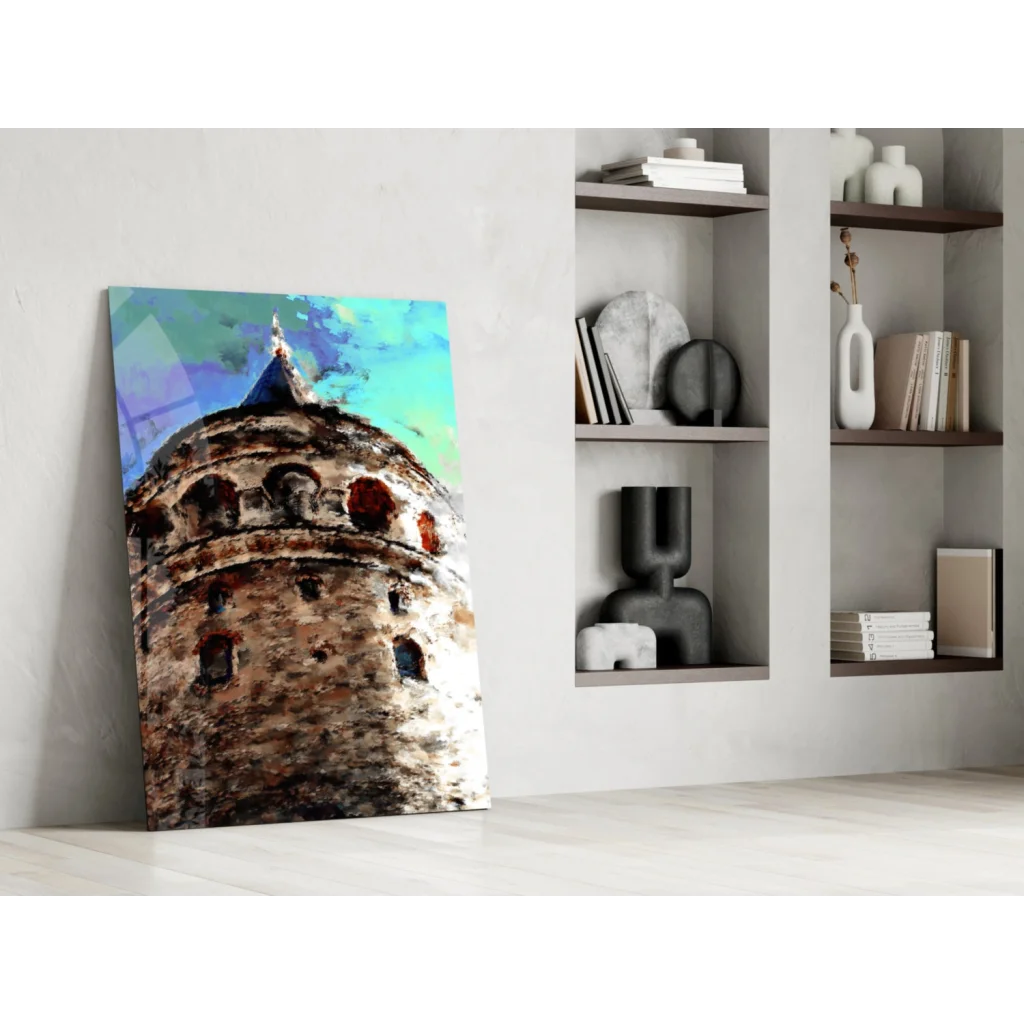 Vibrant Galata Tower watercolor wall art canvas print in teal tones