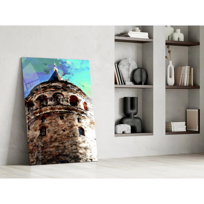 Vibrant Galata Tower watercolor wall art canvas print in teal tones