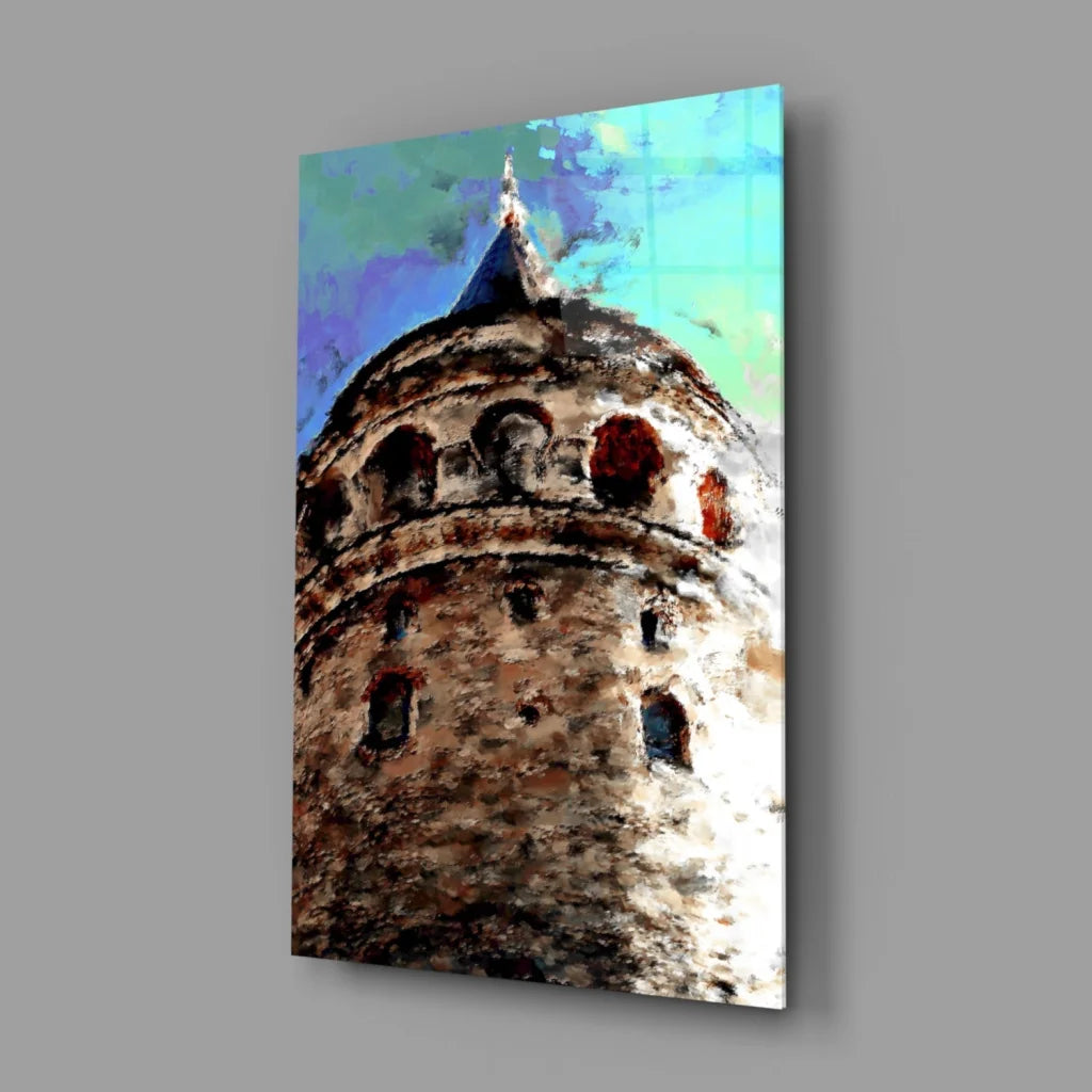Galata Tower Canvas Wall Art in Vibrant Watercolor Style | Glass Wall Art Print | vintageantiquesgifts.com