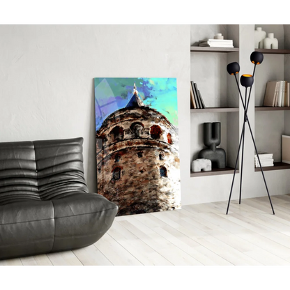 Vibrant watercolor Galata Tower wall art canvas print in earthy tones