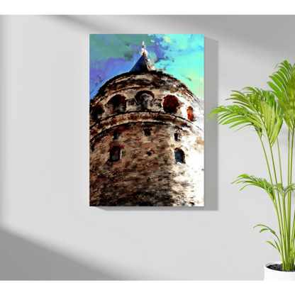 Insigne aluminum prints of stylized Galata Tower with textured stone walls and vibrant sky
