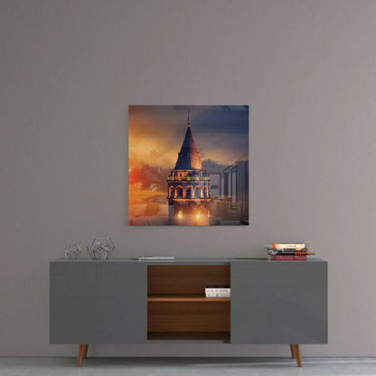 Modern gray sideboard with glass doors and Galata Tower wall art