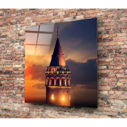 Galata Tower canvas wall art in orange blue hues with sunset glow