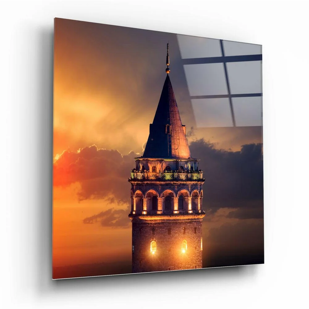 Galata Tower canvas wall art with golden sunset glow
