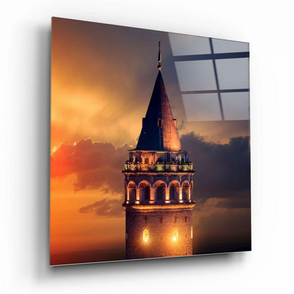 Galata Tower canvas wall art with golden sunset glow