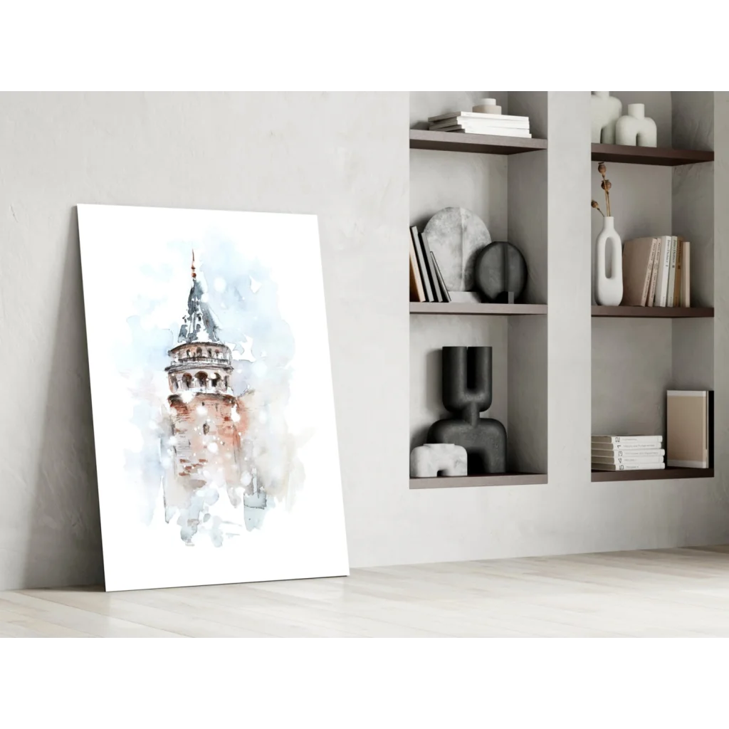 Watercolor Galata Tower glass wall art print in blues, grays, terracotta