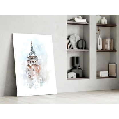 Watercolor Galata Tower glass wall art print in blues, grays, terracotta