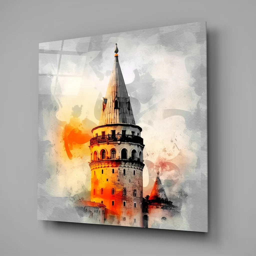 Vibrant Galata Tower tempered glass art in watercolor style