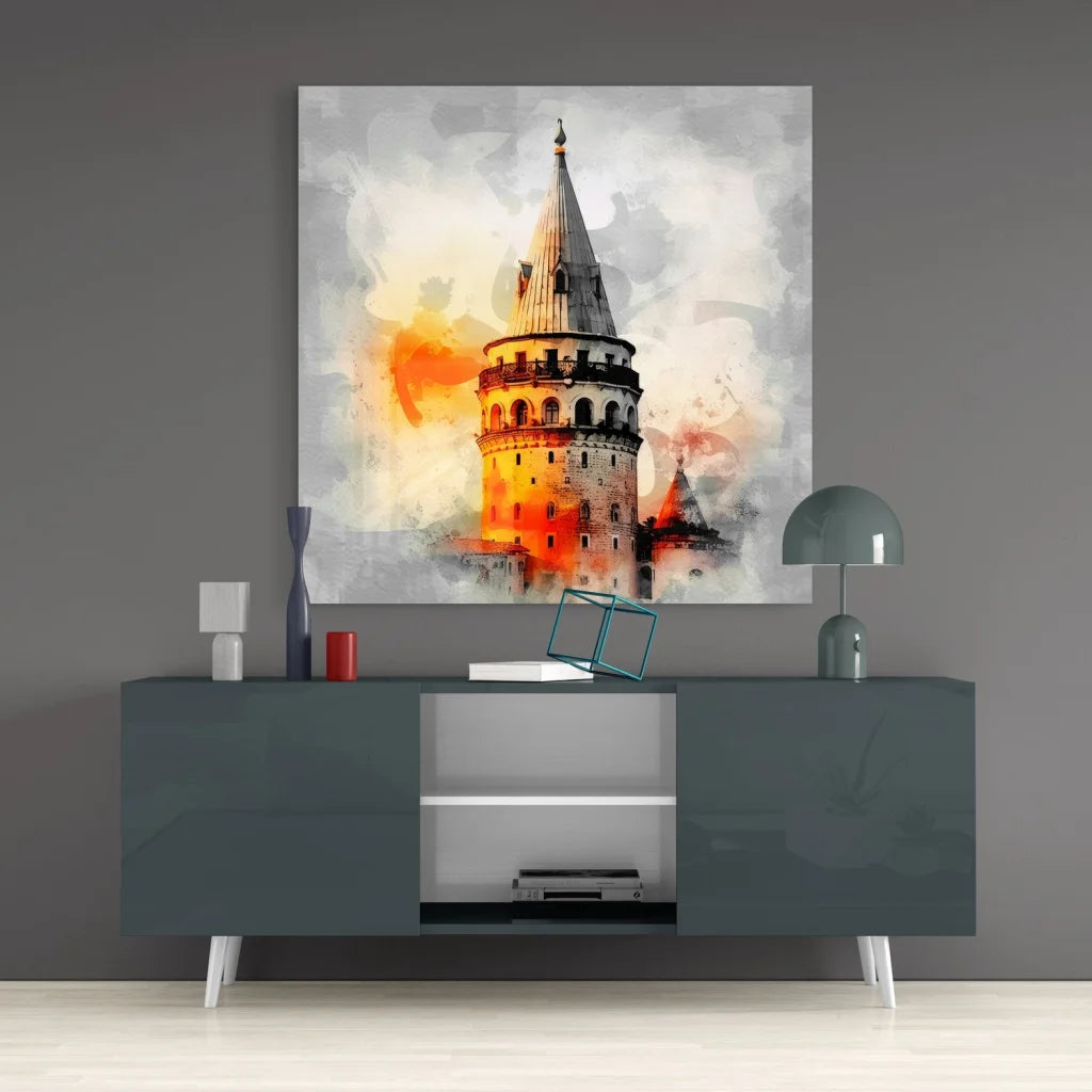 Vibrant Galata Tower watercolor on tempered glass art
