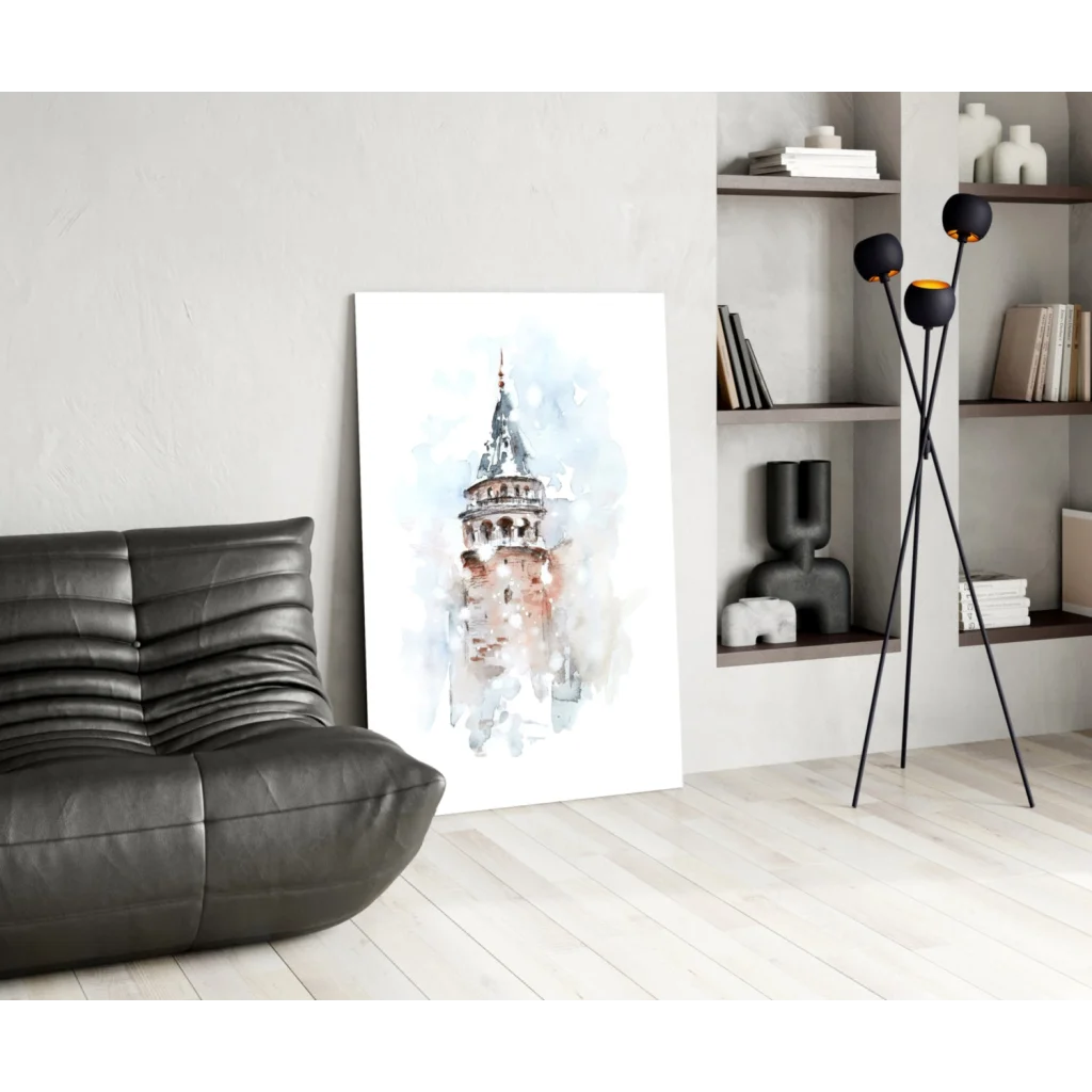 Watercolor Galata Tower glass wall art print in muted peach tones