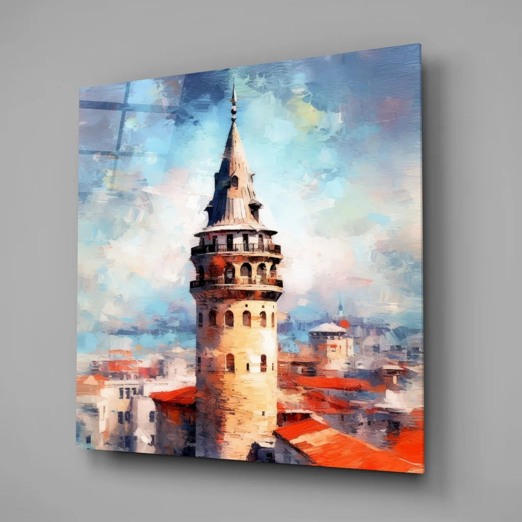Stylized Galata Tower on tempered glass art in impressionist ochre tones