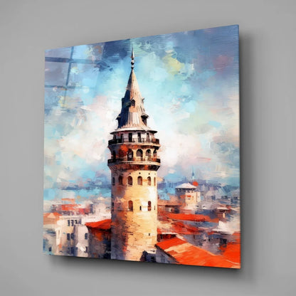 Stylized Galata Tower on tempered glass art in impressionist ochre tones