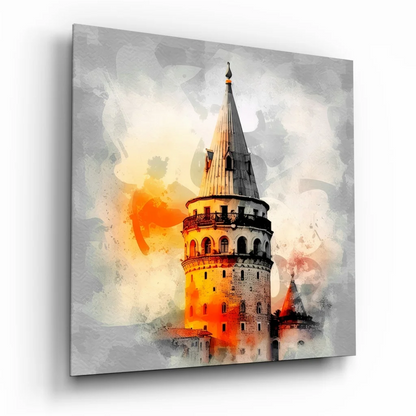 Vibrant Galata Tower tempered glass art in watercolor style