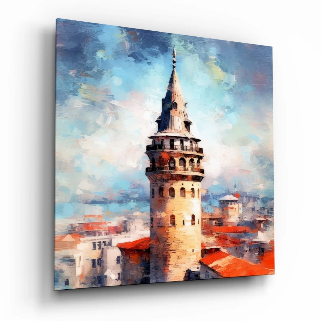 Galata Tower tempered glass art in impressionist style