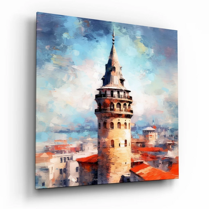 Galata Tower tempered glass art in impressionist style