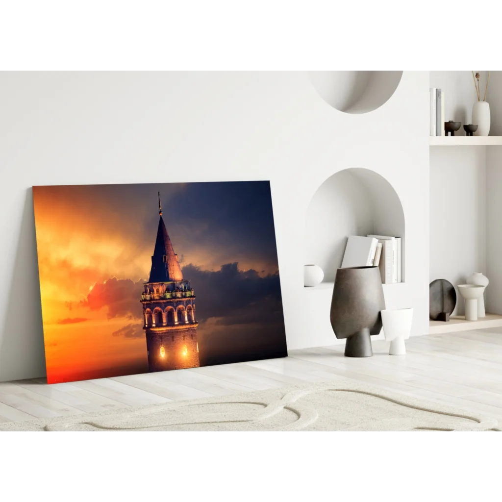 Vibrant Galata Tower sunset glass wall art canvas print
