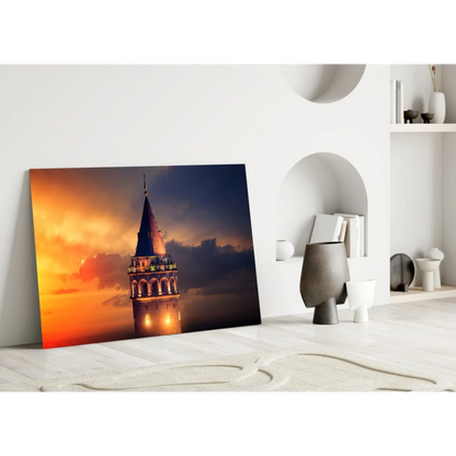Vibrant Galata Tower sunset glass wall art canvas print
