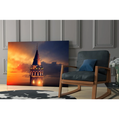 Vibrant Galata Tower sunset glass wall art canvas print