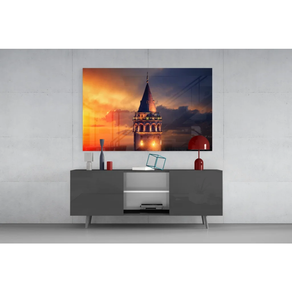 Vibrant orange sunset Galata Tower glass wall art on gray table