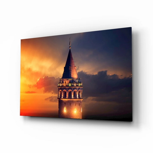 Vibrant Galata Tower sunset on glass wall art canvas print