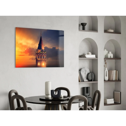 Vibrant Galata Tower sunset glass wall art canvas print