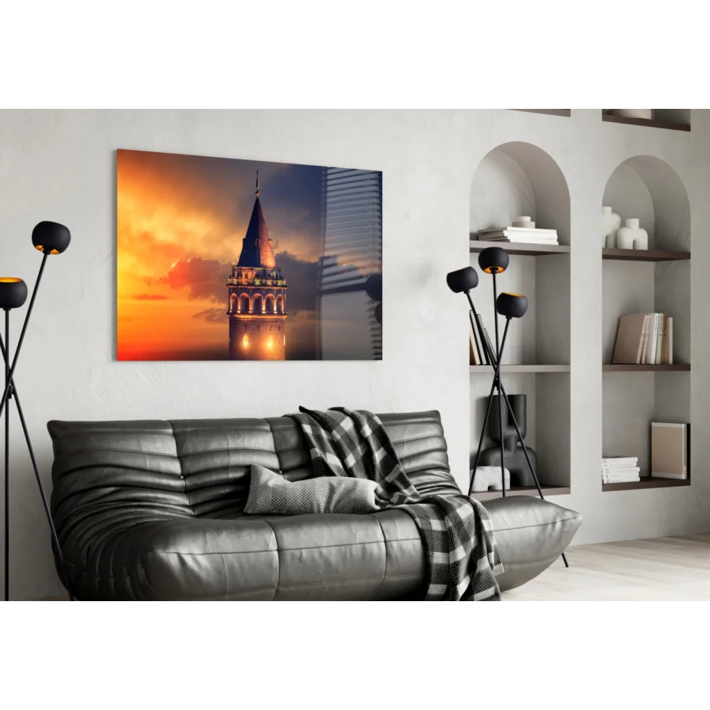 Galata Tower sunset glass wall art canvas print