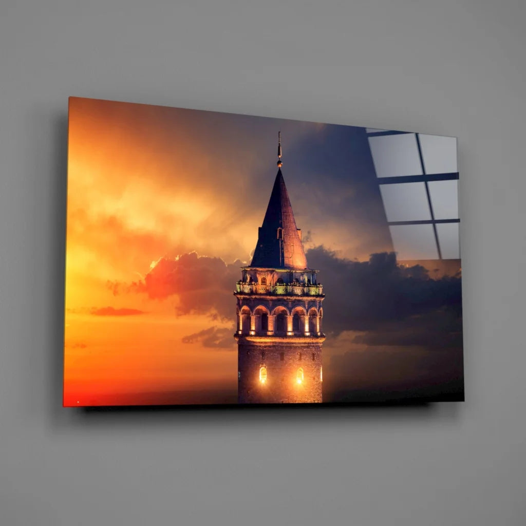 Vibrant Galata Tower sunset on sleek glass wall art canvas