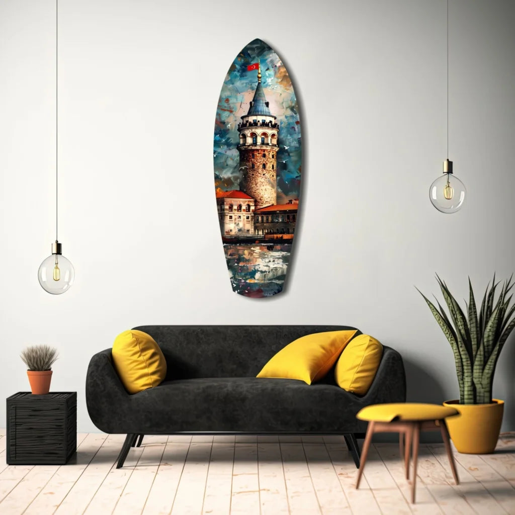 Vibrant watercolor Galata Tower glass art on tempered glass with size comparison