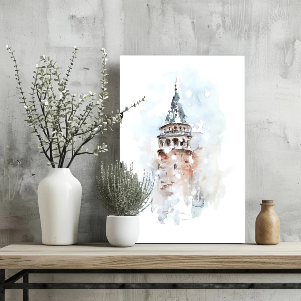 Galata Tower watercolor aluminum print, blue red accents on white