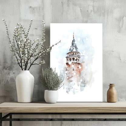 Galata Tower watercolor aluminum print, blue red accents on white