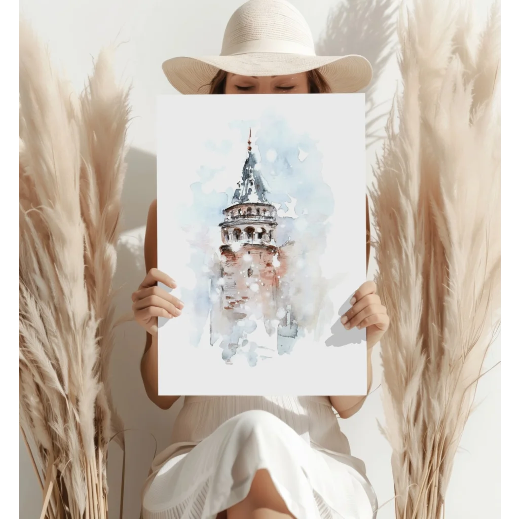 Galata Tower watercolor print in soft blue-green pastels on aluminum