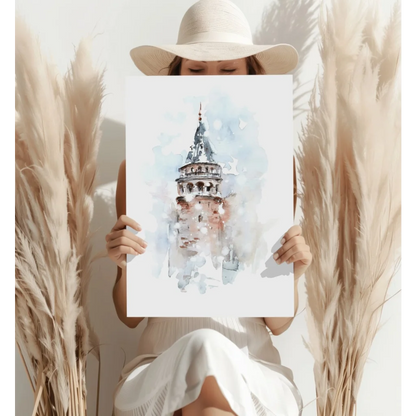 Galata Tower watercolor print in soft blue-green pastels on aluminum