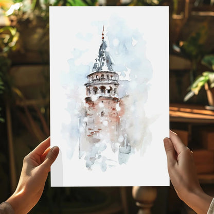 Watercolor painting of Galata Tower in Istanbul, Turkey