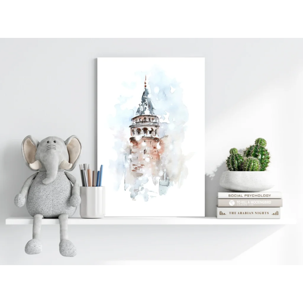 Galata Tower watercolor castle print in pink blue hues on white background