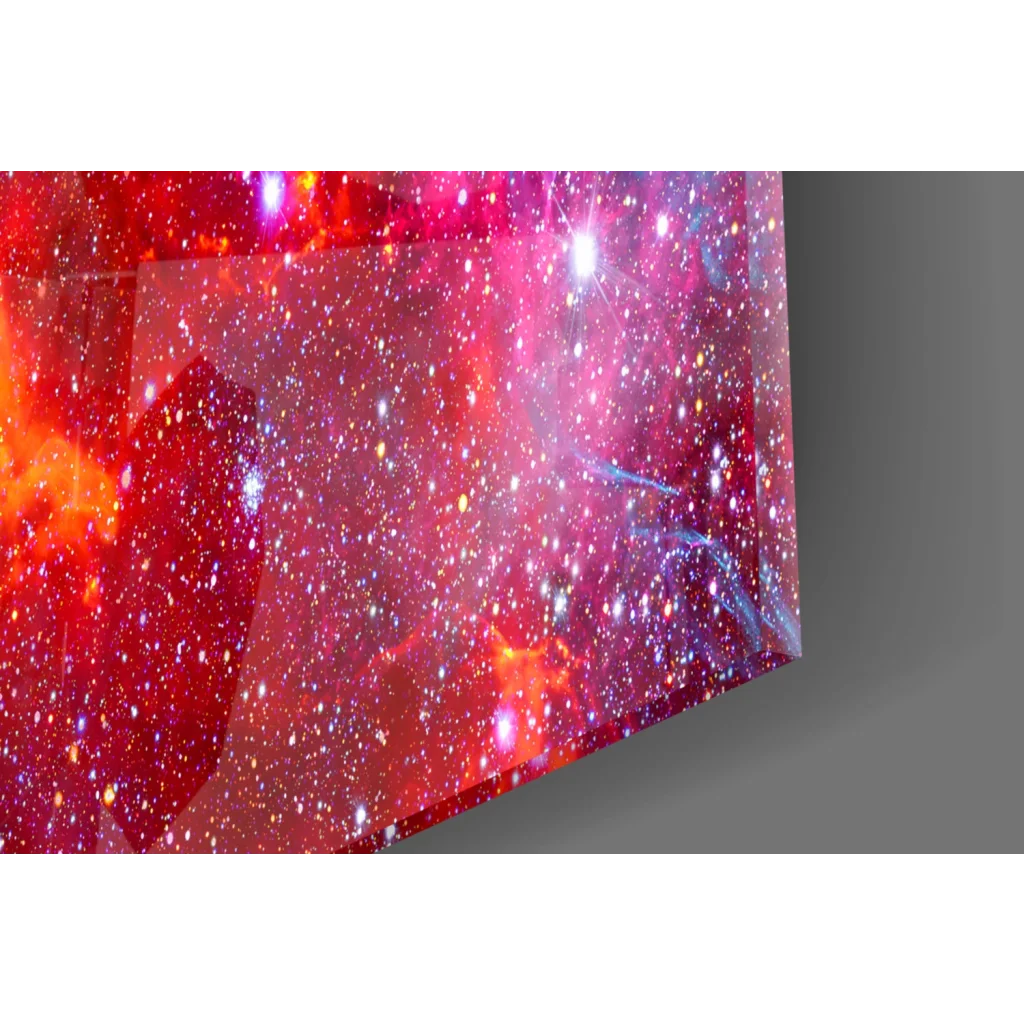 Vibrant red pink cosmic nebula glass wall art with sparkling stars