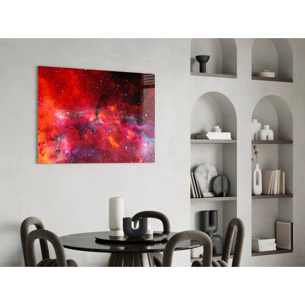 Vibrant red purple cosmic nebula glass wall art with sparkling stars