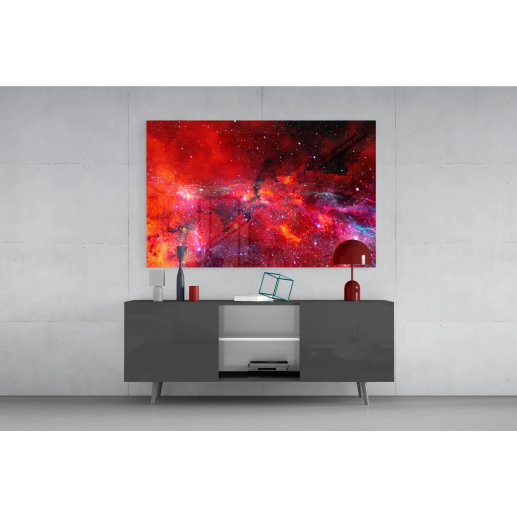 Vibrant red pink cosmic nebula glass wall art with swirling sparkling stars