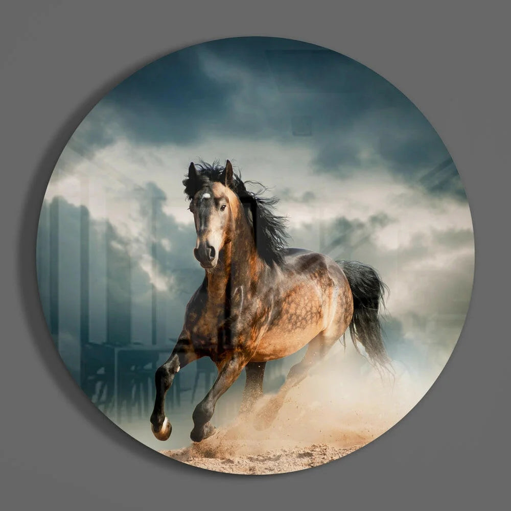 Brown metal horse statue with black mane in tempered glass art