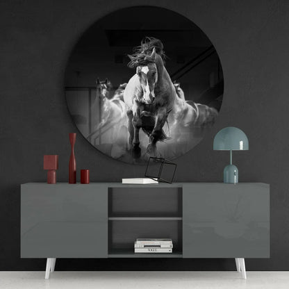 Dynamic galloping horse in black-and-white tempered glass art