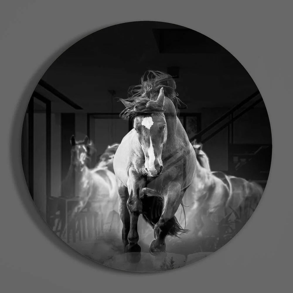 Dynamic black-and-white galloping horse glass art on tempered glass