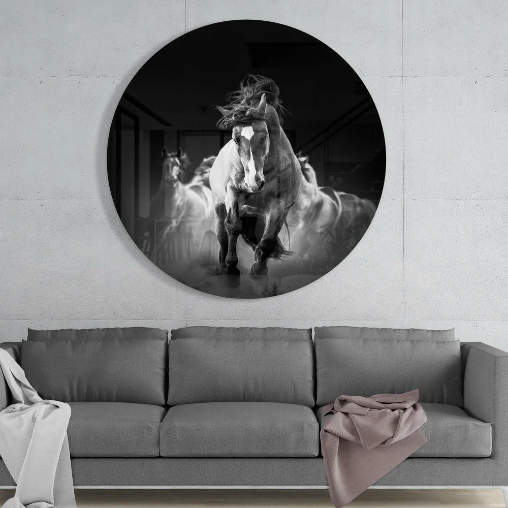 Dynamic galloping horse in black-and-white tempered glass art