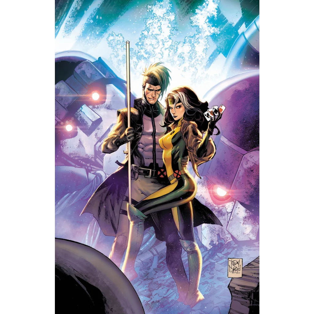 Comic book illustration of Gambit and Rogue hugging from Gambit and Rogues Wild Adventure Issue 4