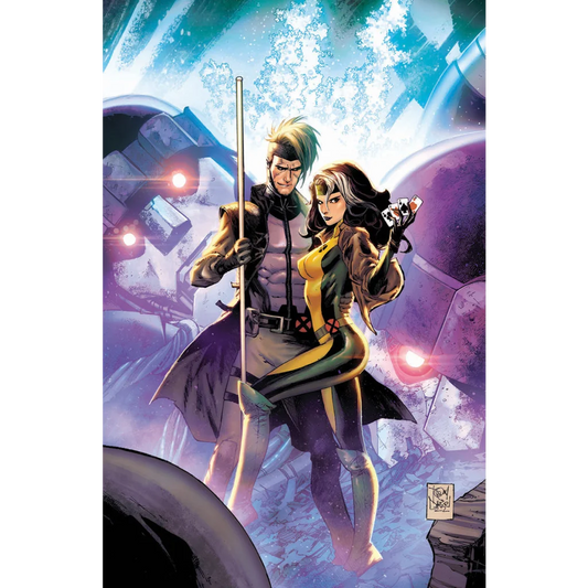 Comic book illustration of Gambit and Rogue hugging from Gambit and Rogues Wild Adventure Issue 4