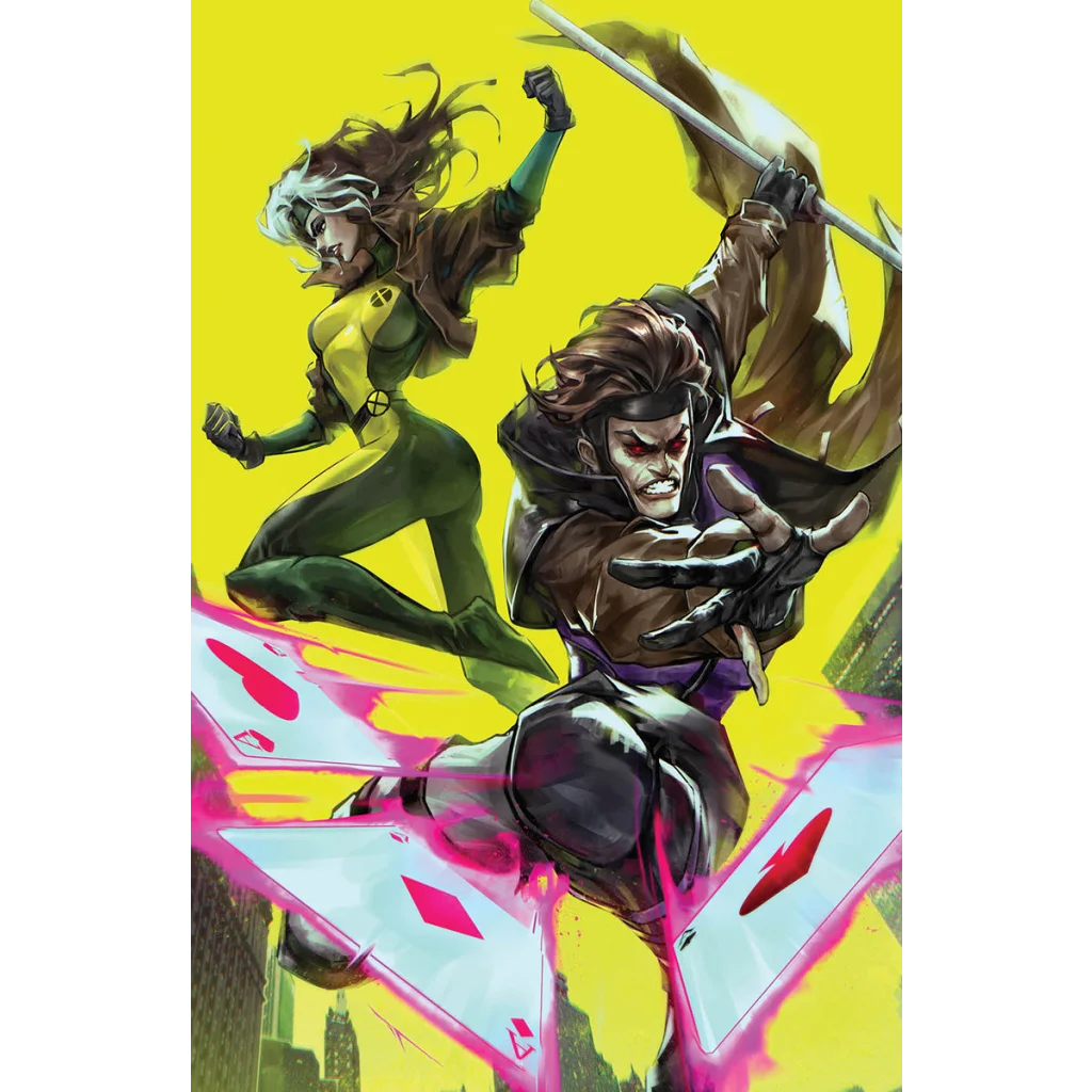 Comic book cover with Rogue and Gambit in action with glowing cards for good things