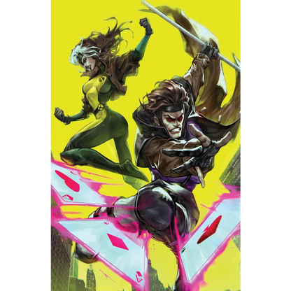Comic book cover with Rogue and Gambit in action with glowing cards for good things