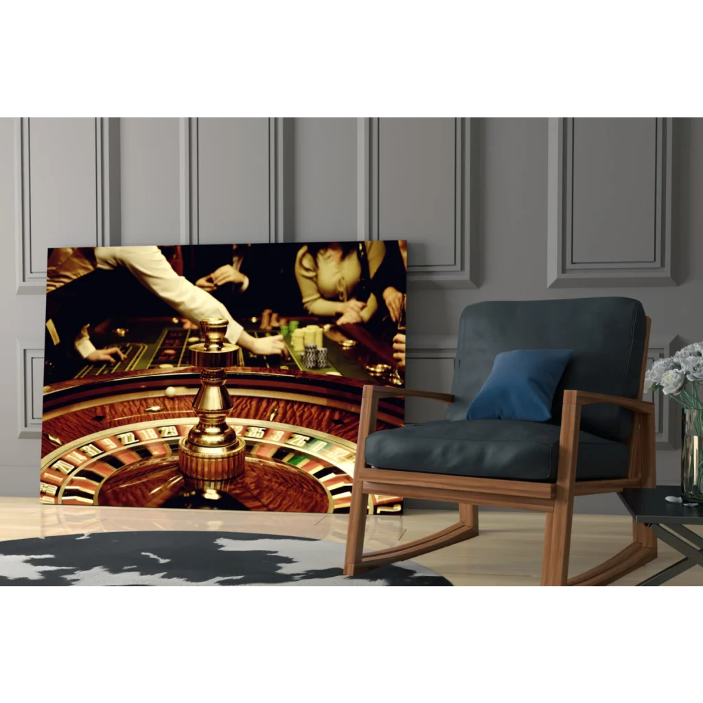 Golden roulette wheel glass wall art print of casino scene