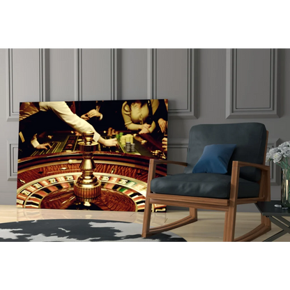 Golden roulette wheel glass wall art print of casino scene